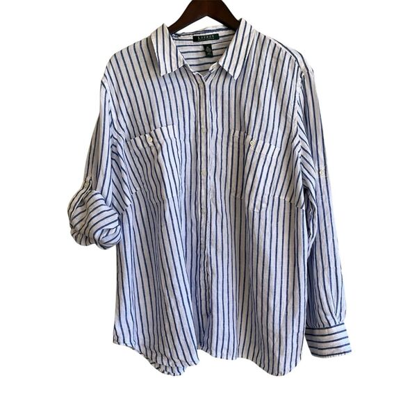 Lauren Ralph Lauren Womens Linen Button Up Shirt Plus Size 3X Striped Nautical - Picture 2 of 11